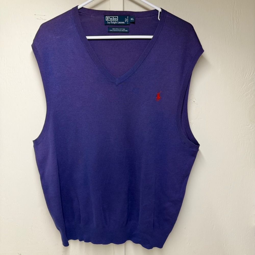 Polo Ralph Lauren Mens XL Purple Pima Cotton V-Neck Sweater Vest Red Pony Logo